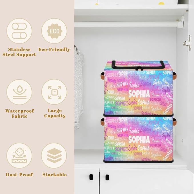 Personalized Storage Basket with Name, Rectangle Toys Storage Bin with Handles Zipper Lid for Baby, Boys, Girls, Collapsible Basket for Clothes, Books, Watercolor Colorful Pink