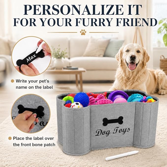 Large Dog Toy Basket Dogs Bone Basket Collapsible Dog Toy Bin Toy Box ,Pet Stuff Organizer, Fabric Puppy Toy Box with Diy Tag -Gray