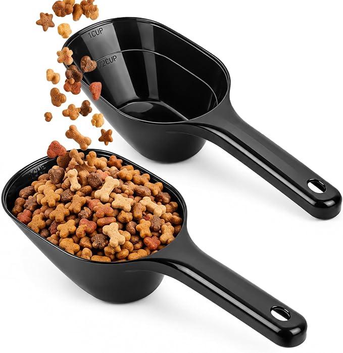 2 PACK Dog Food Scoop,1 Cup Capacity Pet Food Scoop For Dog and Cat (Black) | Clear Markings for Precise Measuring 1/2 and 1 Cup Line, Dishwasher Safe,Plastic,Portable and Sturdy