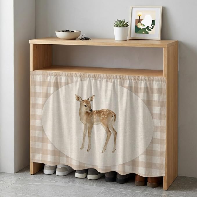 Resting Fawn Cabinet Dishwasher Hidden Curtains, Privacy Closet Door Curtain, Retro Natural Animals Farmhouse Plaid Adhesive Dust Proof Under Sink Skirt for Bathroom Kitchen 35"x35"