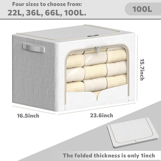 FHSQX 3 Pack Clothes Storage Bins with Metal Frame | Cream White, 23.6x16.5x15.7inch,Foldable, Stackable Linen Fabric, Carrying Handles, Clear Window
