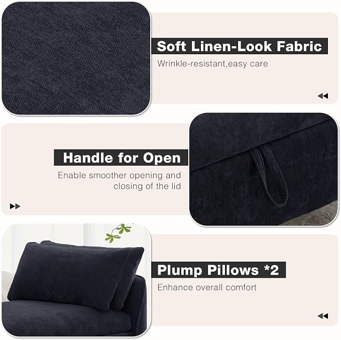 End of Bed Storage Bench Queen Size,51'' Upholstered Bedroom Bench,Black | Linen Storage Bench for Bedroom End of Bed ,2 Cushion, Vintage Wood Legs ,Tufted,Storage Ottoman Bench for Entryway Window