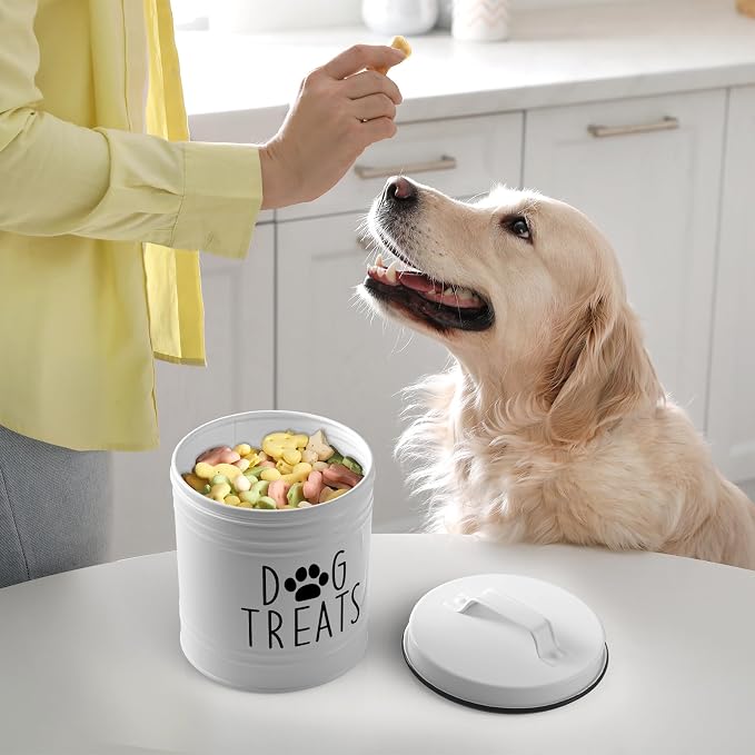 OUTNILI Large Dog Treat Container Airtight - 6.6" Tall X 6" Round White Dog Treat Jar for Kitchen Counter - Rustic Treat Storage Canister for Dogs, Cats, Small Animals - Gifts for Pet Owners