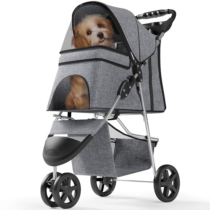 OS MOTOR 3 Wheels Pet Stroller for Small Medium Pets, Gray | Foldable Carrier Jogger, Rear Wheel Breaks, Storage Basket, Visible Mesh Weather Cover, Portable, Dog, Cat, Puppy, Kitty