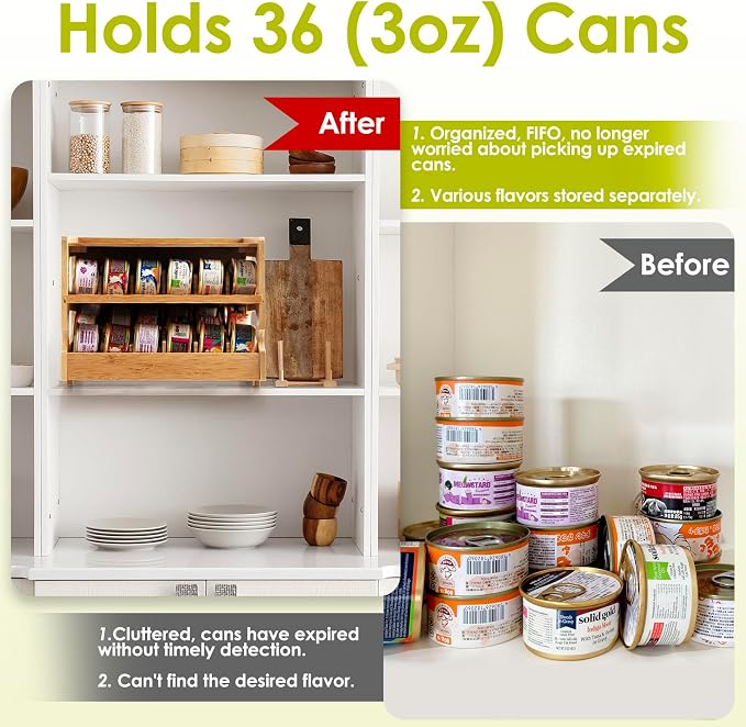 Coanto Cat Food Can Organizer, Bamboo 2-Tier FIFO Can Dispenser | 2-tier shelf holds up to 36 standard 3 oz wet cat food cans. Stackable pantry organizer for cabinets, counters