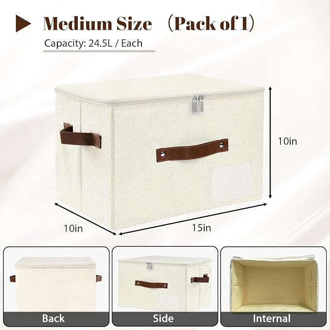 ANMINY Storage Box Fabric Bins with Zipper Lid, 15"x10"x10" Beige 3PCS | Keepsake Box, Decorative, Cotton Linen, Reinforced PP Board Frame, Washable, Stackable & Foldable, Label Holder & PU Handles
