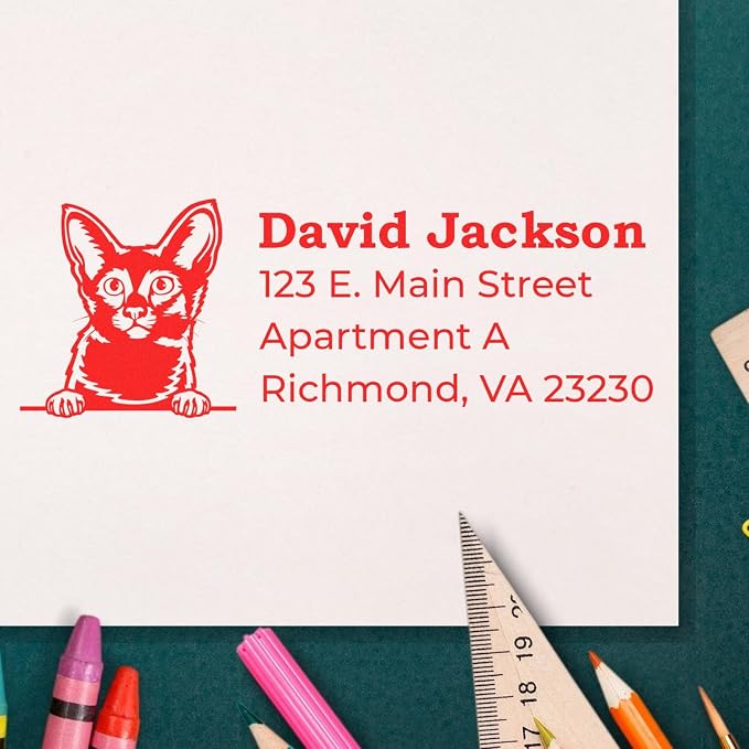 Peeking Javanese Cat Wood Handle Address Stamp - 4 Lines of Custom Text | Personalised Address Stamp for Cat Owner Gifts. Rectangular imprint. Javanese Cat Address Stamp for Envelopes.