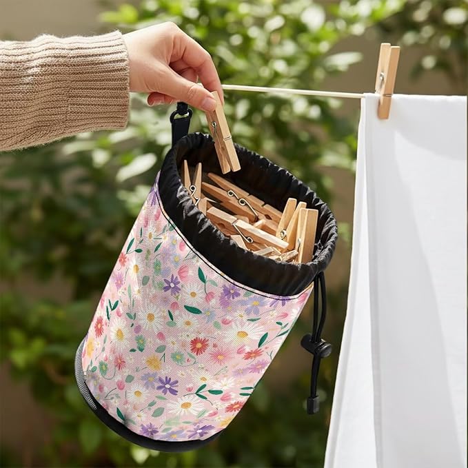 Clothespin Bag, Multi-Color Floral Large Clothes Pin Hanging Bag, Pin Bag with Large Opening for Clothes Lines Outside Yard Home Decoration