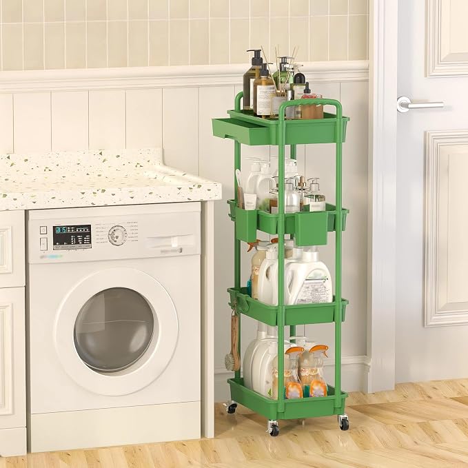 4 Tier Rolling Utility Cart with Drawer, Plastic Storage Organizer Rolling Carts with Wheels Handles Hanging Cups Hooks for Office, Bathroom, Kitchen,Craft Art Room (Green)