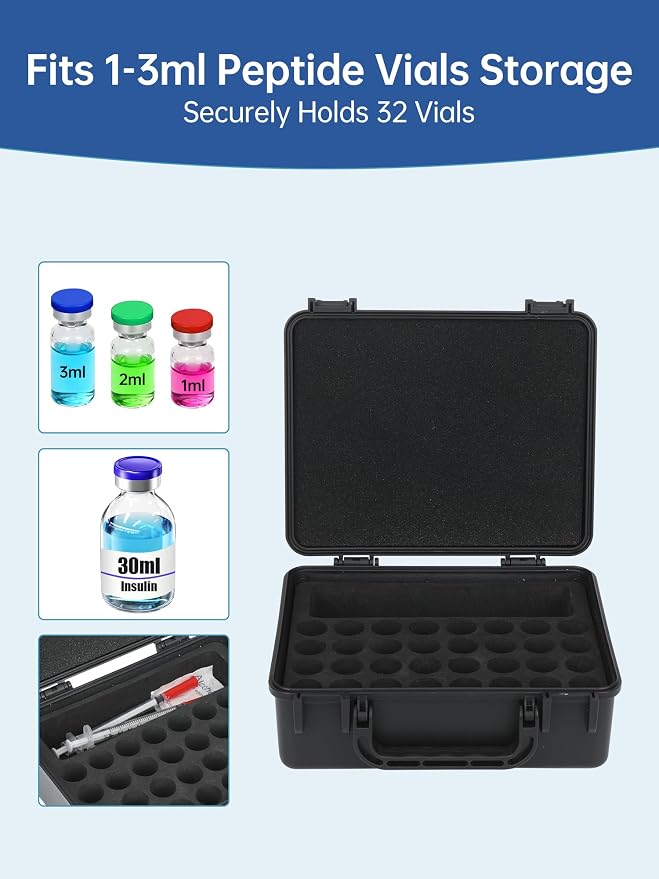 3ml Peptide Case for Fridge+Space for Peptide Injector & Needles 32-Slot | Larger Capacity, Shock-absorbing EVA Foam, Portable Handle, Small Size, Waterproof Material, Sturdy Double Lock Buckle