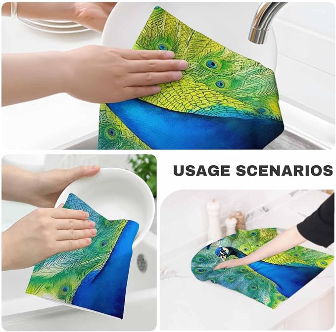 Colorful Peacock Tail Feathers Kitchen Towels Watercolor Beautiful Peacock Soft and Super Absorbent Dish Towels 2 Pack 16 X 24 Inches