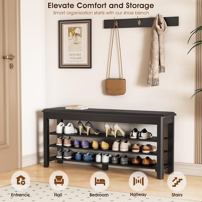 IUNVR Shoe Rack Bench Seat Rubberwood 3-Tier Wooden Storage Bench 550lbs Compact Mid-Century Modern Design for Entryway, Hallway, Closet, Front Door Entrance, Foyer