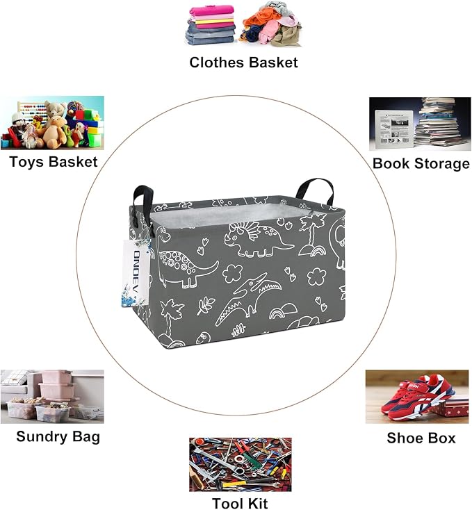 Rectangular Fabric Storage Bin, Foldable Line Dinosaur print Basket | Damp-proof canvas with reinforced stitched handles.Great for clothes,books and sundries in closets,playrooms,laundry rooms.