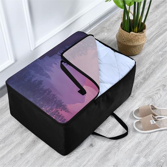 Comforter Storage Bags Large Folding Blanket Organizer Bag with Strong Handles Clear Window Closet Storage Containers for Clothes King Queen Pillows Bedding Quilt Duvet Purple Christmas Sunset