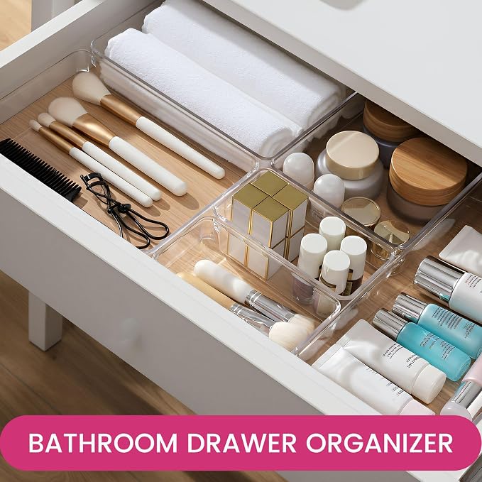 Large Drawer Organizer Bins 26 Pack | Complete 5 Size Clear Plastic Kitchen Drawer Organizers for Utensils | Bathroom Drawer Organizer Trays | Versatile for Makeup Office Organization