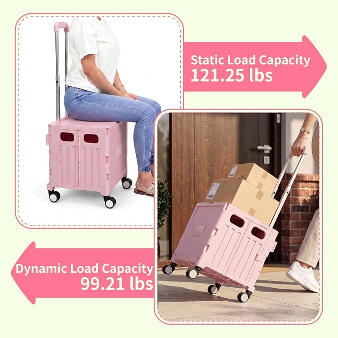 Foldable Shopping Cart with Wheels: Pink Rolling Utility Crate | Adjustable Handle, All-Terrain Wheels, Multipurpose Grocery Trolley for Teacher, Market, Office, Luggage, Laundry, Garden