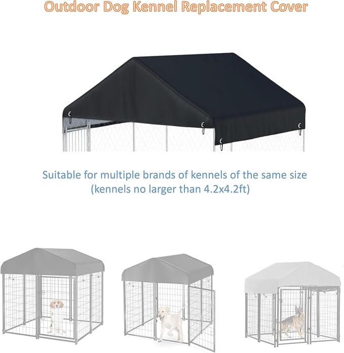 Outdoor Dog Kennel Replacement Cover, 4.2x4ft, Black | 600D Heavy Duty, Waterproof, UV Resistant, Bonded Ball Elastic Rope (Top Cover Included Only)