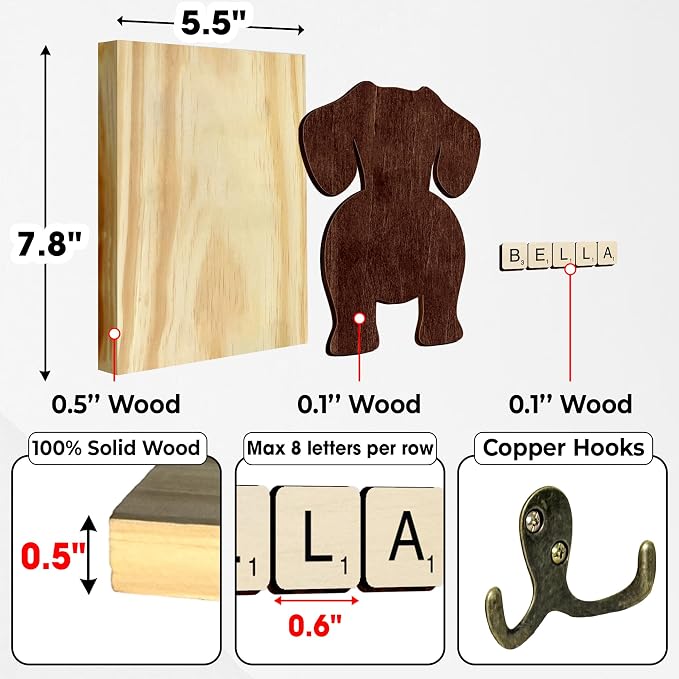 Dachshund Dog Leash Holder Wall Mount with Scrabble Letters, Wooden Dog Wall Hook Organizer, Pet Collar and Harness Holder for Entryway, Key Hook and Leash Rack, Pet Lovers Gift Home Decor PF297-30