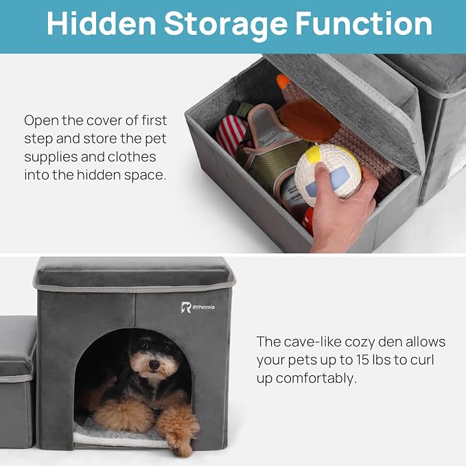 Foldable Pet Stairs with Cozy House & Storage | 2-Step Dog Stairs for High Beds and Couch, Non-Slip Dog Steps for Small & Medium Dogs, Cats, Puppies, Grey