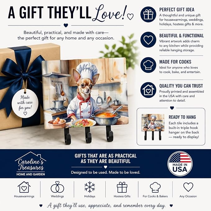 Caroline's Treasures Chihuahua The Chef Leash or Key Holder Wall Hooks, Key Hooks Holder, Coat Rack Wall Mount, Coat Hooks, Hooks for Hanging Keys, Towels, Aprons, Leashes | Chihuahua The Chef artwork on ceramic tile with three steel hooks for keys, le...