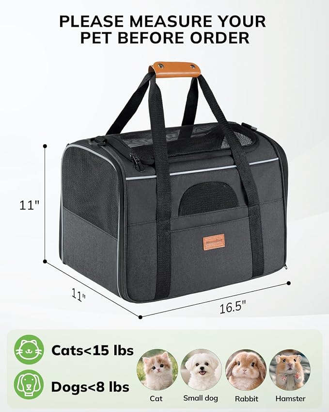 Morpilot Airline Approved Cat Carrier for Pets up to 15lbs,16.5" x11" x11" | Soft-Sided Pet Travel Carrier with 4-Sided Mesh Ventilation for Cats & Puppies (Dark Gray)