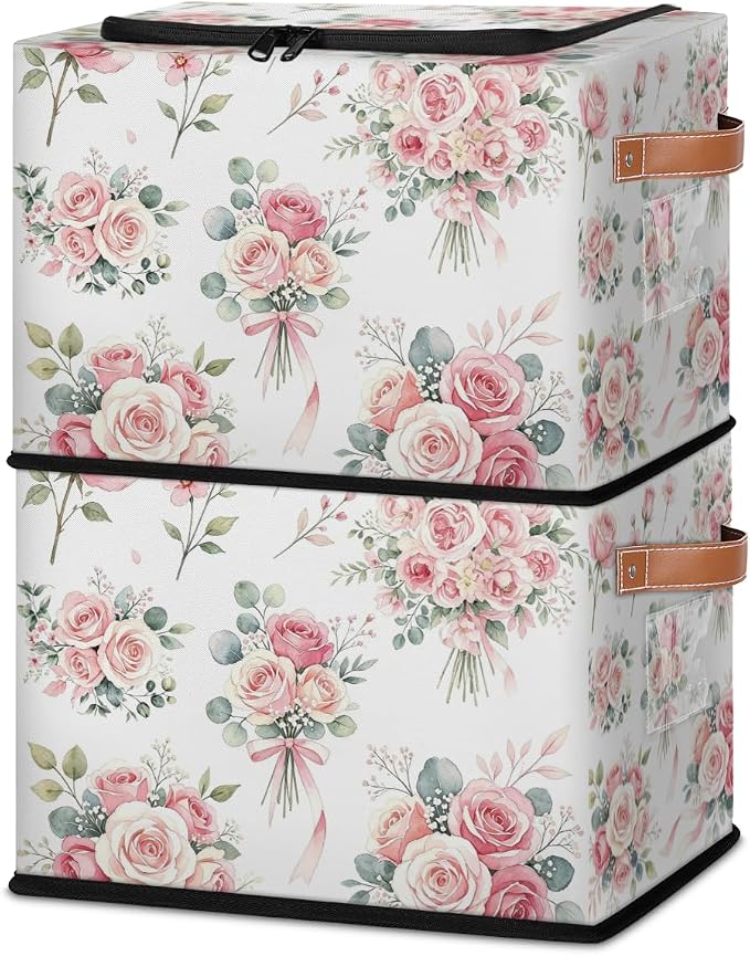 Pink Floral Flower Storage Baskets - Home Decorative Bins Collapsible Cubes with Zipper Lid, Rose Box with Handles for Living Room Bedroom Nursery Shelf Closet Office Kitchen, 24L