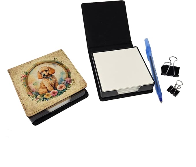 Caroline's Treasures Poodle and Flowers PU Leather Note Paper Holder with Artist-Designed Cover, Desk Accessory, Office Gift
