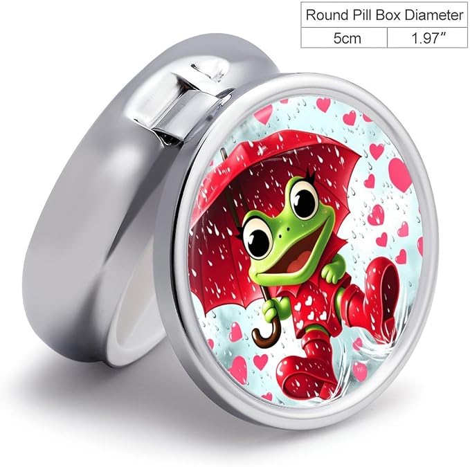 Frog Playing In The Rain Metal Round Pill Box, 3 Compartment Travel Organizer, Portable Pill Container with Secure Latch, 2 Inch Circular Vitamin Caddy for Pills And Vitamins, Gift for Him Her Elderly