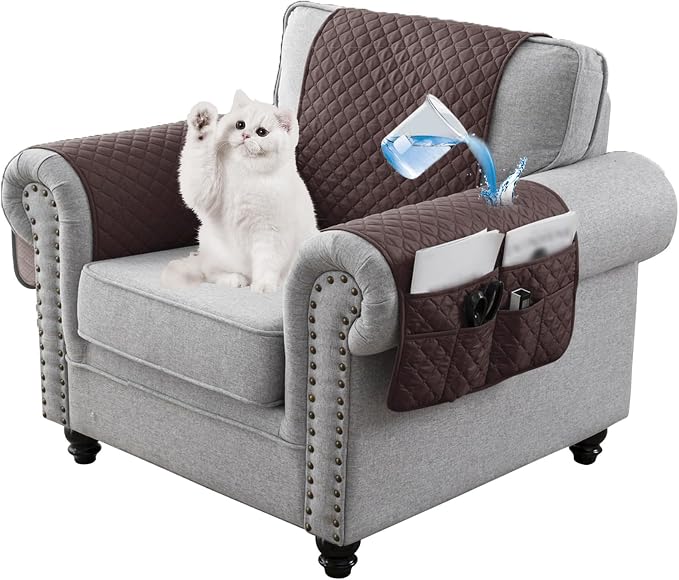 Water-Resistant Sofa Armrest and Headrest Covers with Side Pocket | Keep remotes close quilted polyester helps guard against wear, pet scratches, and kids' messes silicone backing adds grip