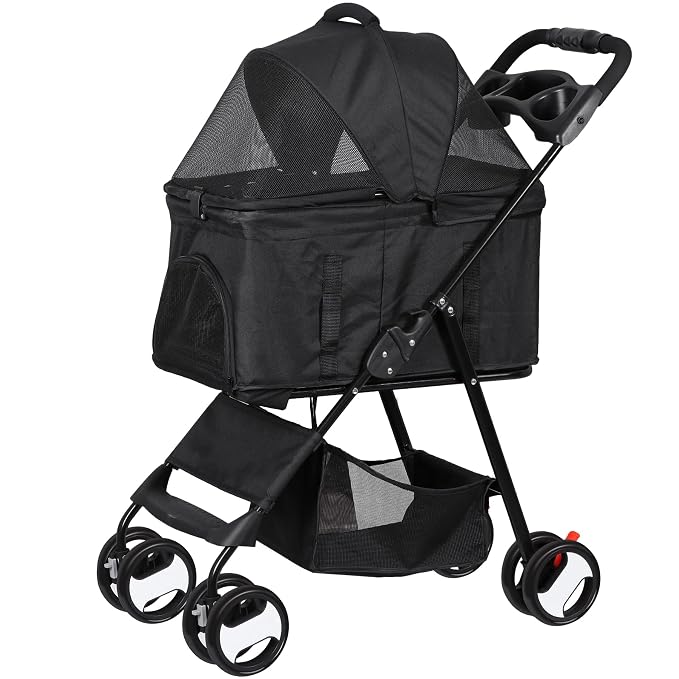 ZENY Pet Stroller, 3 in1 Foldable Dog Cat Jogger Stroller with 4 Wheels | Detachable Basket and Cup Holder, Travel Folding Carrier for Small/Medium Pet (Black)