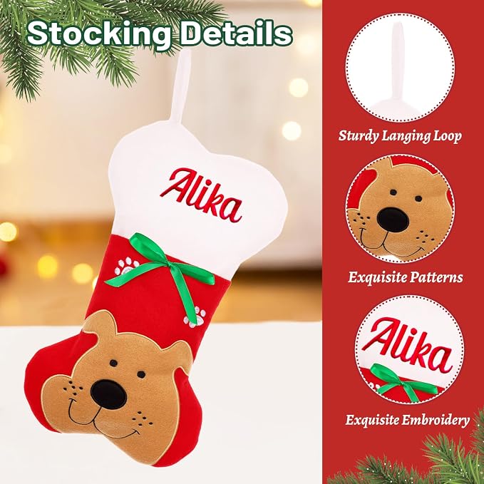 Personalized Christmas Stockings for Dogs Cats, Custom Pet Christmas Stockings with Embroidered Name, Red Bone Pet Xmas Stockings for Holiday Decoration (5 Pcs)