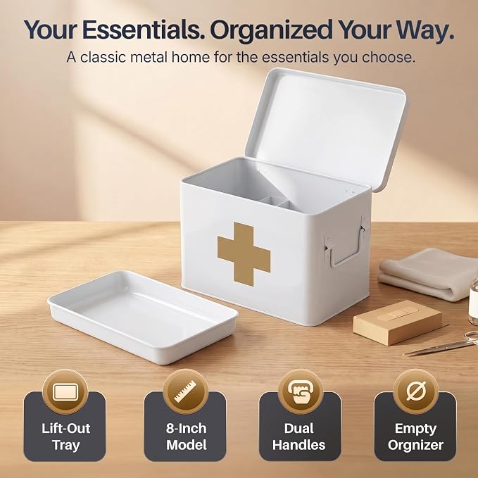 Flexzion Large Metal First Aid Box Empty, 8.5-Inch, White with Gold Cross | Vintage Medicine Box and First Aid Storage Organizer with Removable Tray and Dividers; Empty Box Only, Supplies Not Included