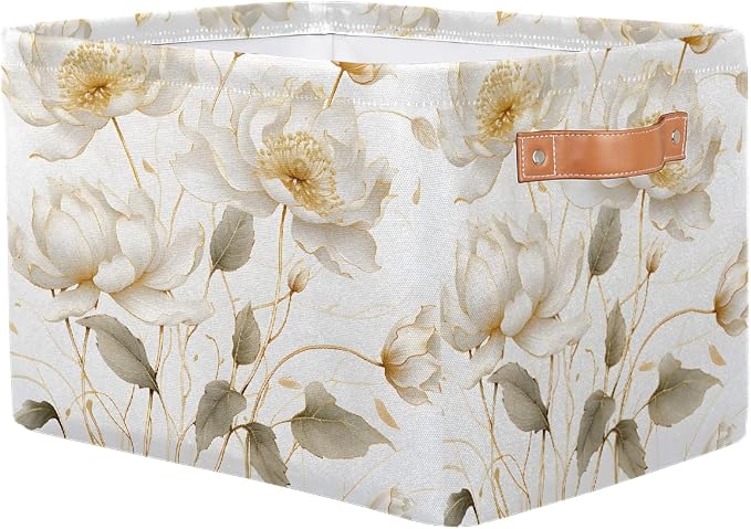 Rectangular Storage Basket White Flower Decorative Storage Bins Boxes Collapsible Cubes Organizer with PU Leather Handles for Home Organization