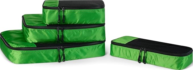 Amazon Essentials 4-Piece Packing Cubes Travel Accessories Set, Luggage Organizer with Double Zipper, Mesh Top, Space-Saving for Suitcases, Small/Medium/Large/Slim, Green (Previously Amazon Basics)