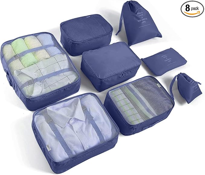LANSKLBD 6/8 Set Packing Cubes for Suitcases Travel Luggage Packing Organizers,Travel Accessories Essentials Luggage Organizer with Shoe/Tioletry/Laundry Bag (Dark Blue, 8 set)