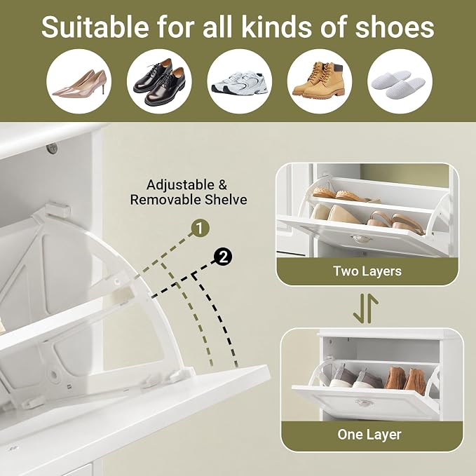 Haotian Narrow Shoe Cabinet, Slim Shoe Rack Entryway, Hidden Shoe Storage Organizer with 3 Flip Drawer for Hallway White FSR94-W