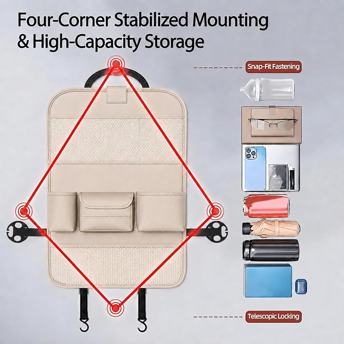 Universal Foldable Car Backseat Organizer with Table Tray, Car Seat Back Protector with Touch Screen Phone Holder, Premium Leather Kick Mats with Storage Pockets Tissue Holder (Beige)