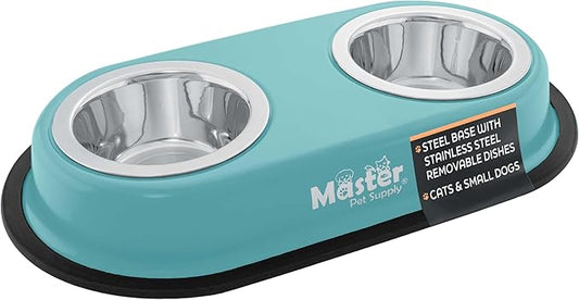 Master Pet Supply Double Dog Bowls Set with Elevated Base and 2 (8 oz) Stainless Steel Removable Dishes (Aqua Sky) – Double Cat Food Water Bowl, Dog Puppy Food Bowl Set, Rust Resistant