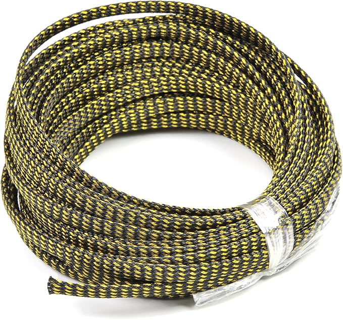 Jutagoss PET Expandable Braided Cable Sleeve, 32.8ft - 1/4 inch Black Gold Cable Management Sleeve, Wire Loom Tube Cord Protector for USB Cable, Power Cord, Audio Video and More, 1Pc