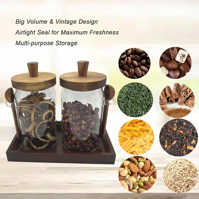 Glass Jars with Brown Wooden Lids and Scoop, Airtight Food Storage Containers with Tray for Sugar Coffee Bean Candy Spice (2, Brown, 25 oz)