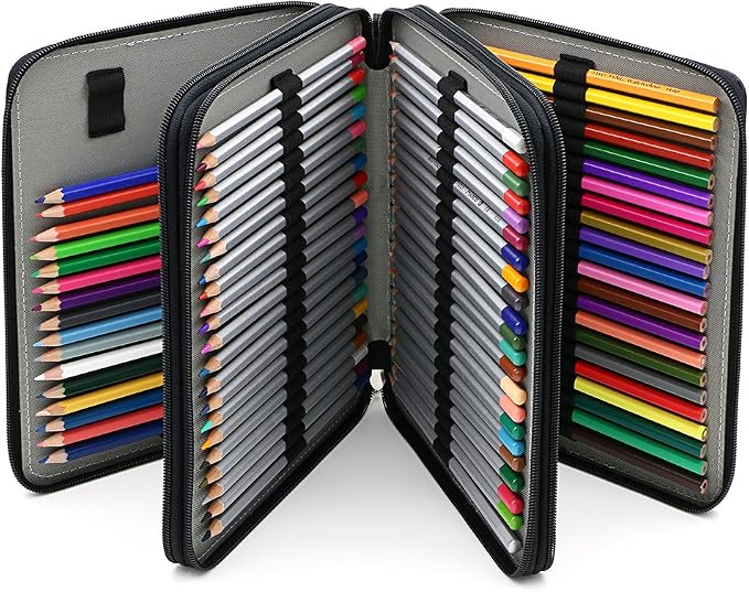 BTSKY Deluxe PU Leather Pencil Case For Colored Pencils - 120 Slot Pencil Holder with Handle Strap Handy Colored Pencil Box Large(Black) | Pencil Holder with Handle Strap Handy Colored Pencil Box Large for Artists, Adults Coloring, Sketching, Drawing