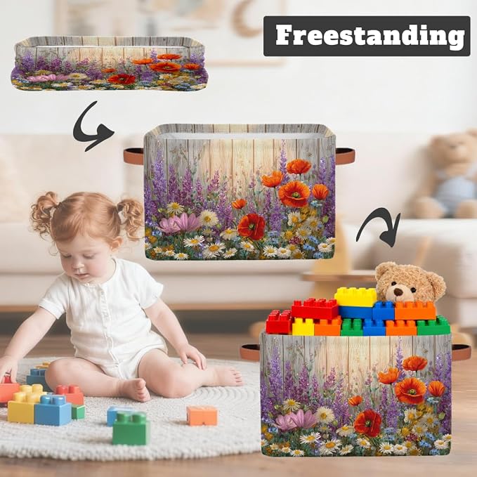 Pardick Storage Baskets Bin, Spring Flower Wood Collapsible Canvas Fabric Storage Bin Decorative Baskets Toy Organizer Rectangle Storage Boxes with handles for Home Shelves Nursery,A-3