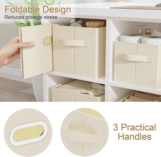 Collapsible Open Storage Baskets,15x9.8x9.8in,Beige,4 Pack | Storage Bins with Metal Handles,Rigid PP Panel Organizer Boxes for Organizing Home,Wipeable Garment Basket Cube for Wardrobe