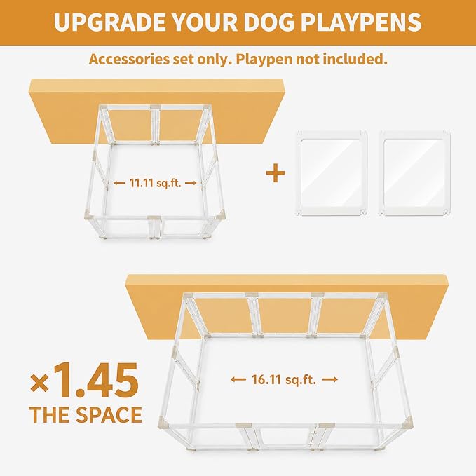 2PCS Panels Only for Zendova Acrylic Dog Playpen Indoor | DIY Kit Expansion for Puppy Playpens, Easy Assembly Design, Easy Clean Material, Includes 1 Panels + 1 Gate + 4 Khaki Buckles
