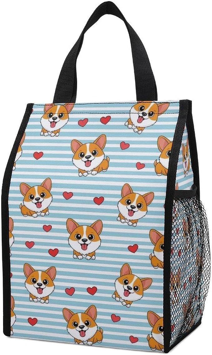 Insulated Lunch Tote Bag Reusable Lunch Box Container Insulated Meal Bags Portable Food Organizer Compatible with Cute Cartoon Lovely Corgi Dogs And Hearts