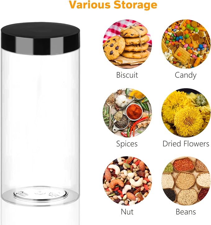 Hajoyful Plastic Jars with Lids 16OZ 16PCS Small Empty Slime Cosmetics Containers Clear Gift Food Jars Round PET Cream Jars with Black Lids Pen Labels for Kitchen Storage Spices Dry Food Butter
