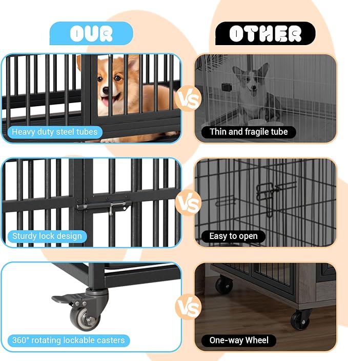 GarveeLife 38inch Heavy Duty Dog Crate, Foldable Indoor Dog Cage with Double Door, 360° Lockable Wheels and Removable Tray, Easy to Clean and Assembly，for Small Medium Dogs