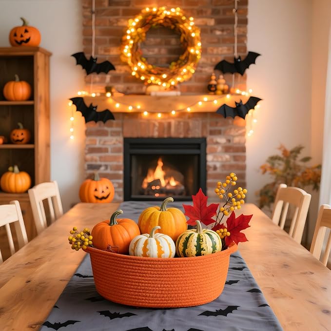 Goodpick Woven Rope Halloween Basket for Gifts Empty, 12" x 8" x 5", Orange | Small Boho Basket for Candy Snacks Treats Storage, Fits Living Room Nursery Halloween Decor, with Durable Handles