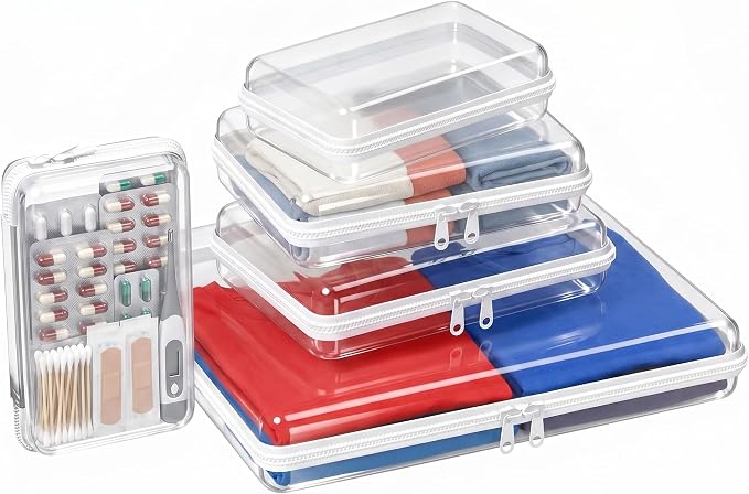 5Pcs Clear Hard Shell Zipper Case, Water Resistant Travel Organizers | Clear PET hard shell with double zippers; waterproof, stackable and wipe-clean for makeup, toiletries, baby items and travel.