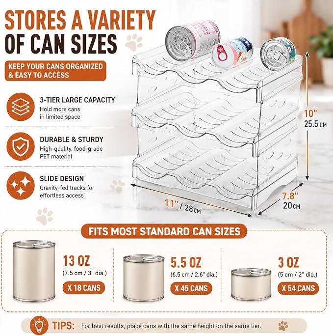 FHTONGE 3-Tier Heavy-Duty Transparent Cat Can Organizer for Multiple Sizes | Wet Cat Food Storage Rack for Pantry Kitchen Cabinet Rridge, Pet Canned Goods Dispenser Shelf Dog Tins Holder Container